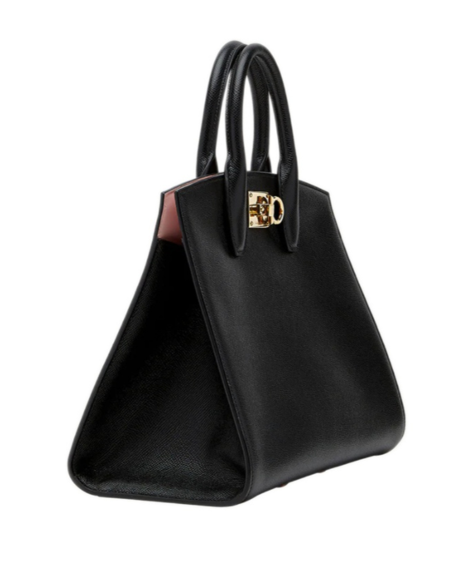Ferragamo Studio Box Black Bag With Gancini Buckle And Shoulder Strap In Grained Leather Woman In Black