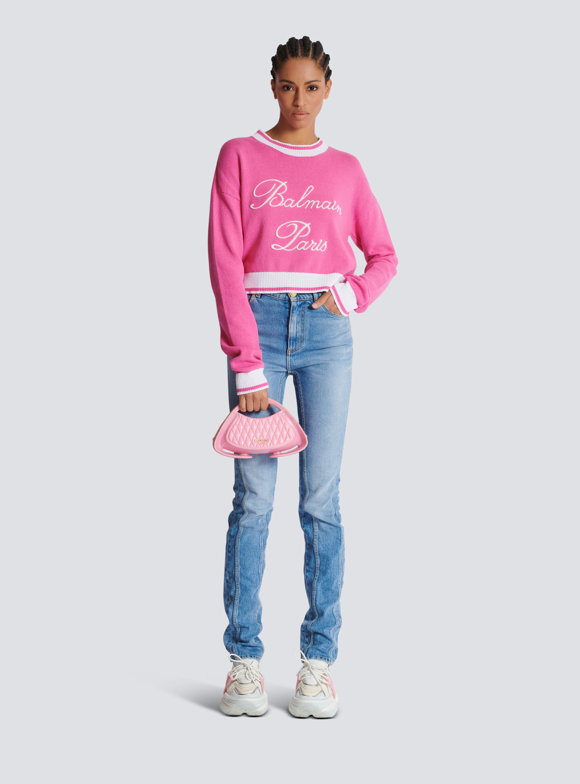 Balmain Cotton-blend Embroidered-logo Sweater In Pink