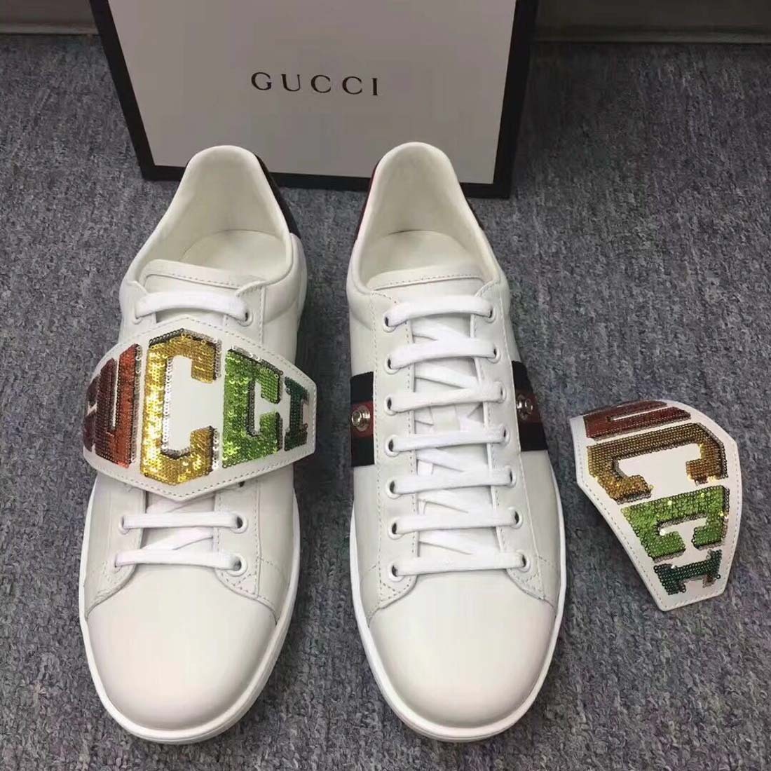 Gucci Ace Detachable Bead Logo Kraft Shoes In White