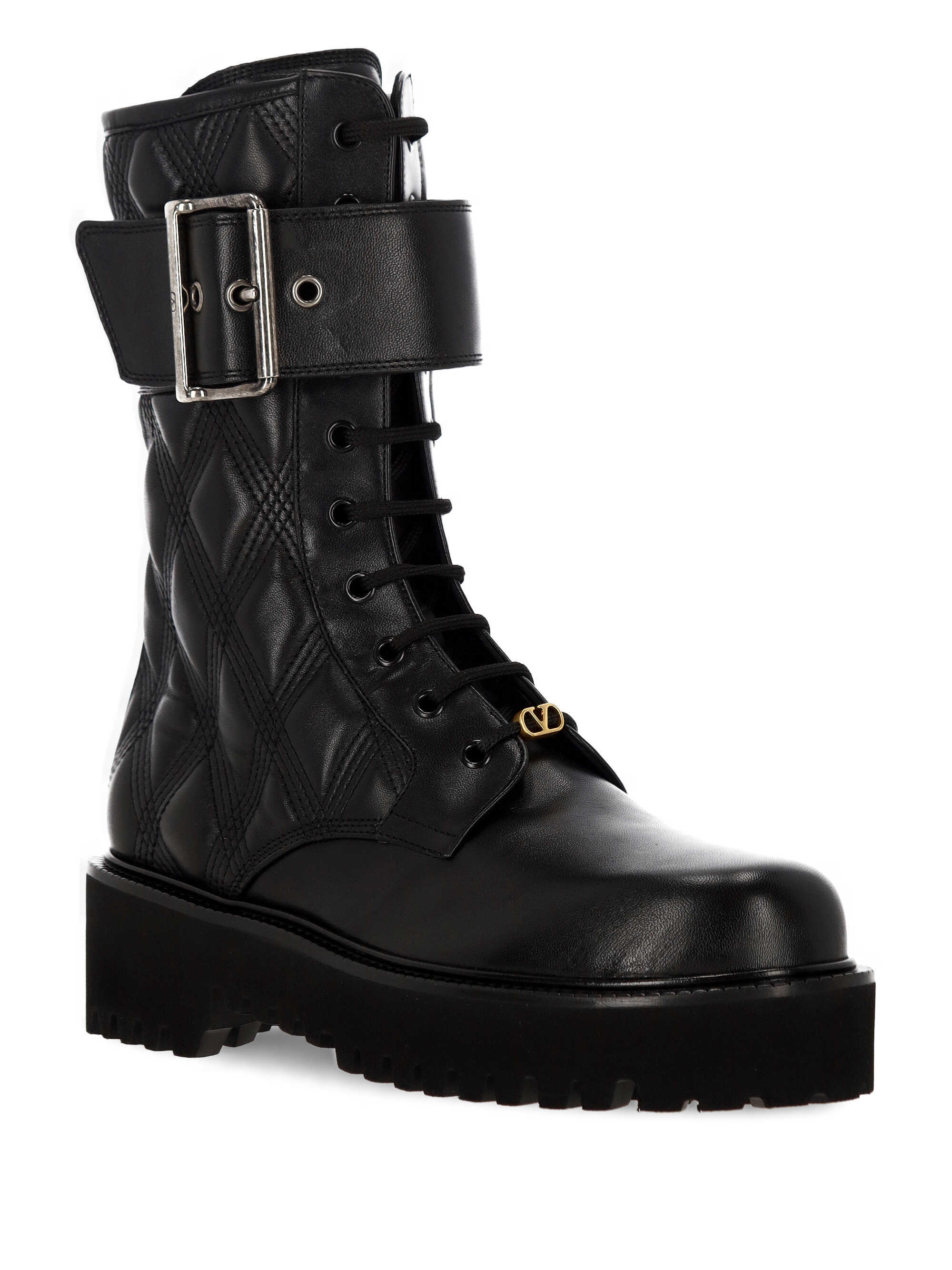Valentino Quilted Combat Booties Buckle Detail In Black