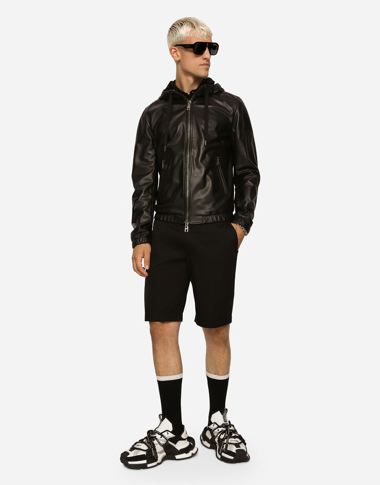 Dolce & Gabbana Leather Jacket With Hood And Branded Tag In Black