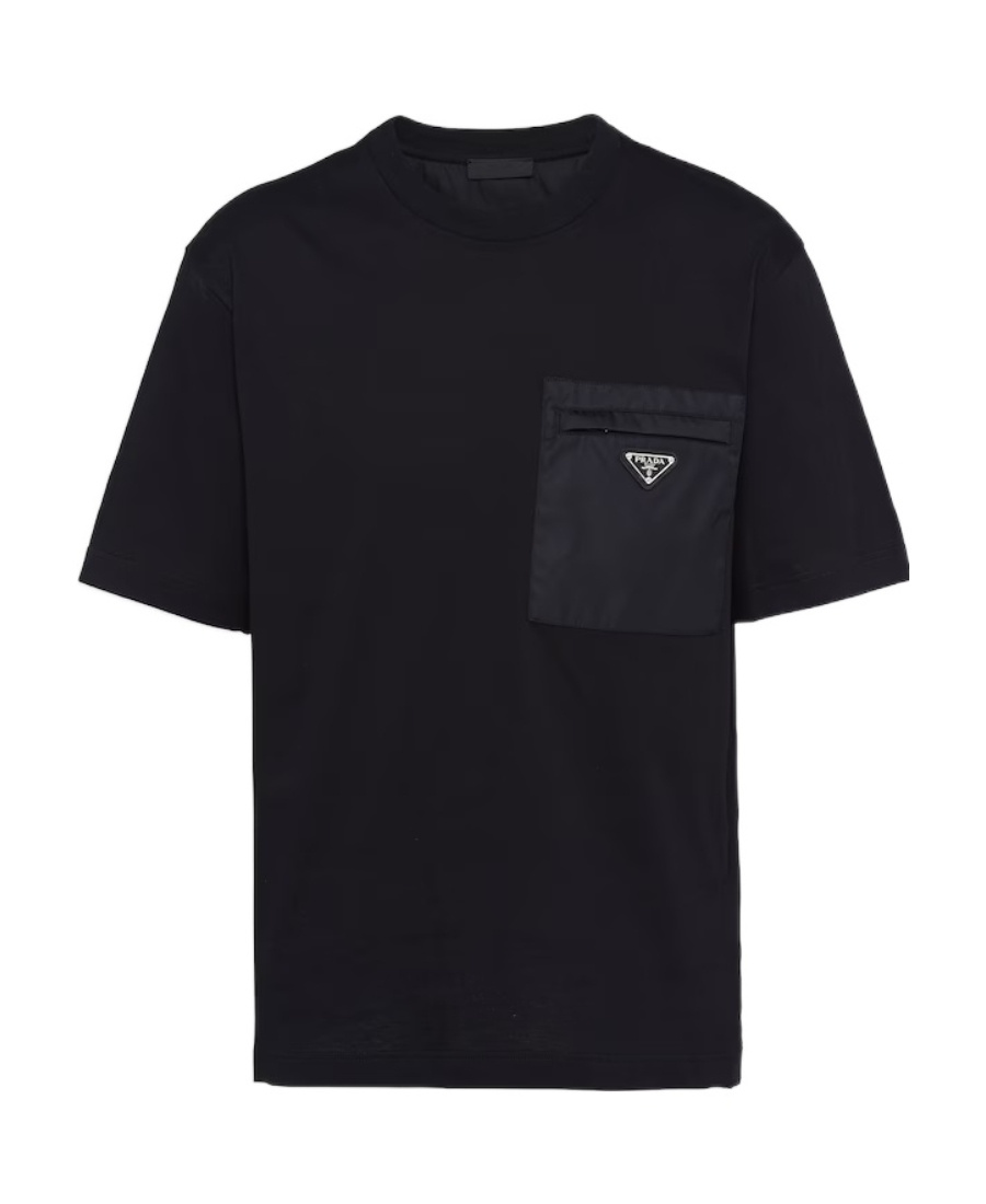 Prada Cotton T-shirt With Nylon Pocket In Black