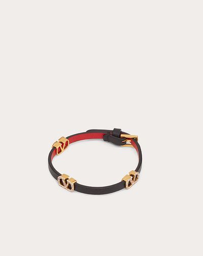 Valentino Garavani Crystal Vlogo Leather Bracelet In Black