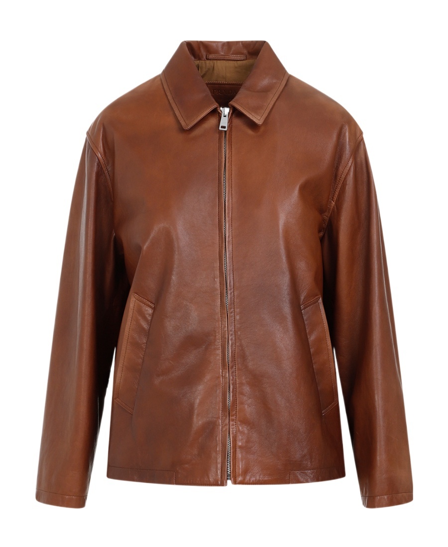 Prada Enamel-logo Leather Jacket In Brown
