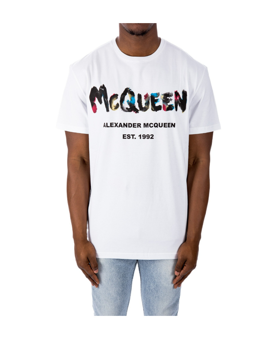 Alexander Mcqueen Watercolour Graffiti Print Tee In White