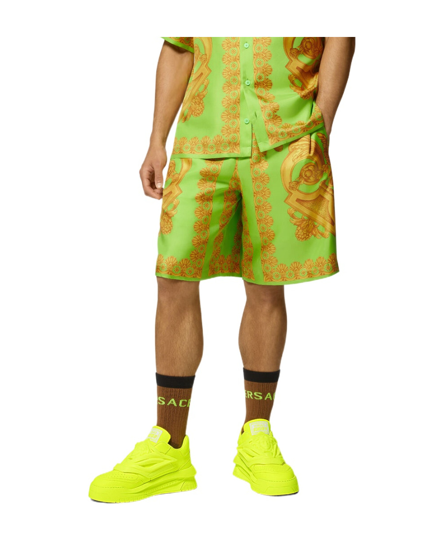 Versace Green And Gold Shorts With All-over Barrocco Print In Silk Man In Green