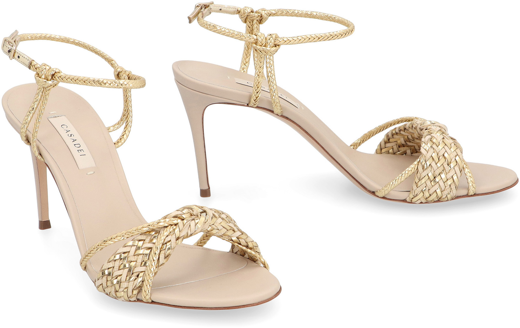 Casadei Ankle Strap Interwoven Sandals In Gold