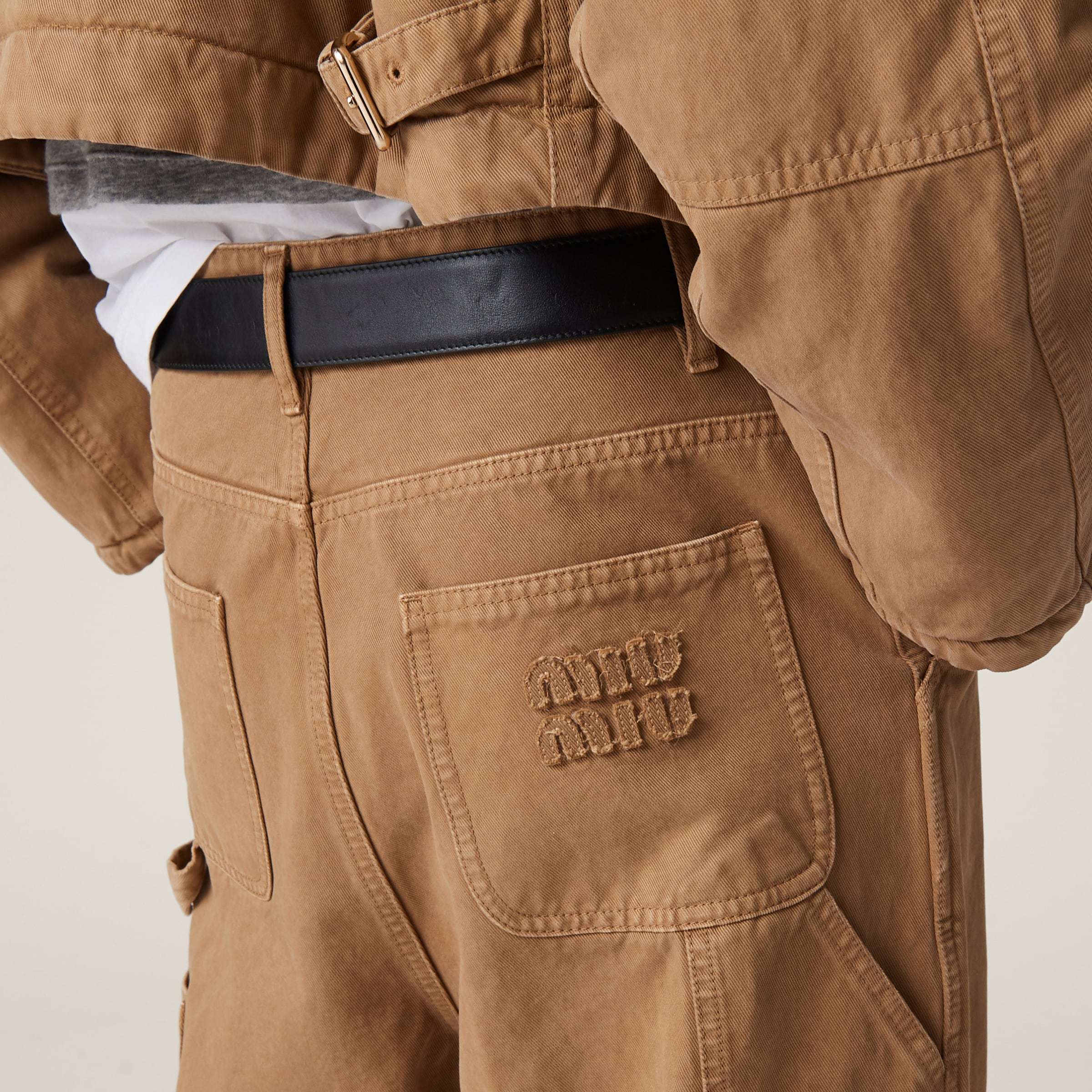Miu Miu Logo-patch Straight-leg Cotton Trousers In Nude
