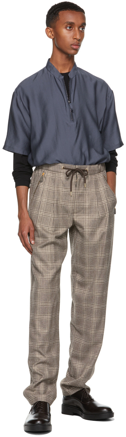 Giorgio Armani Brown Wool Micro Houndstooth Motif Pants In Green