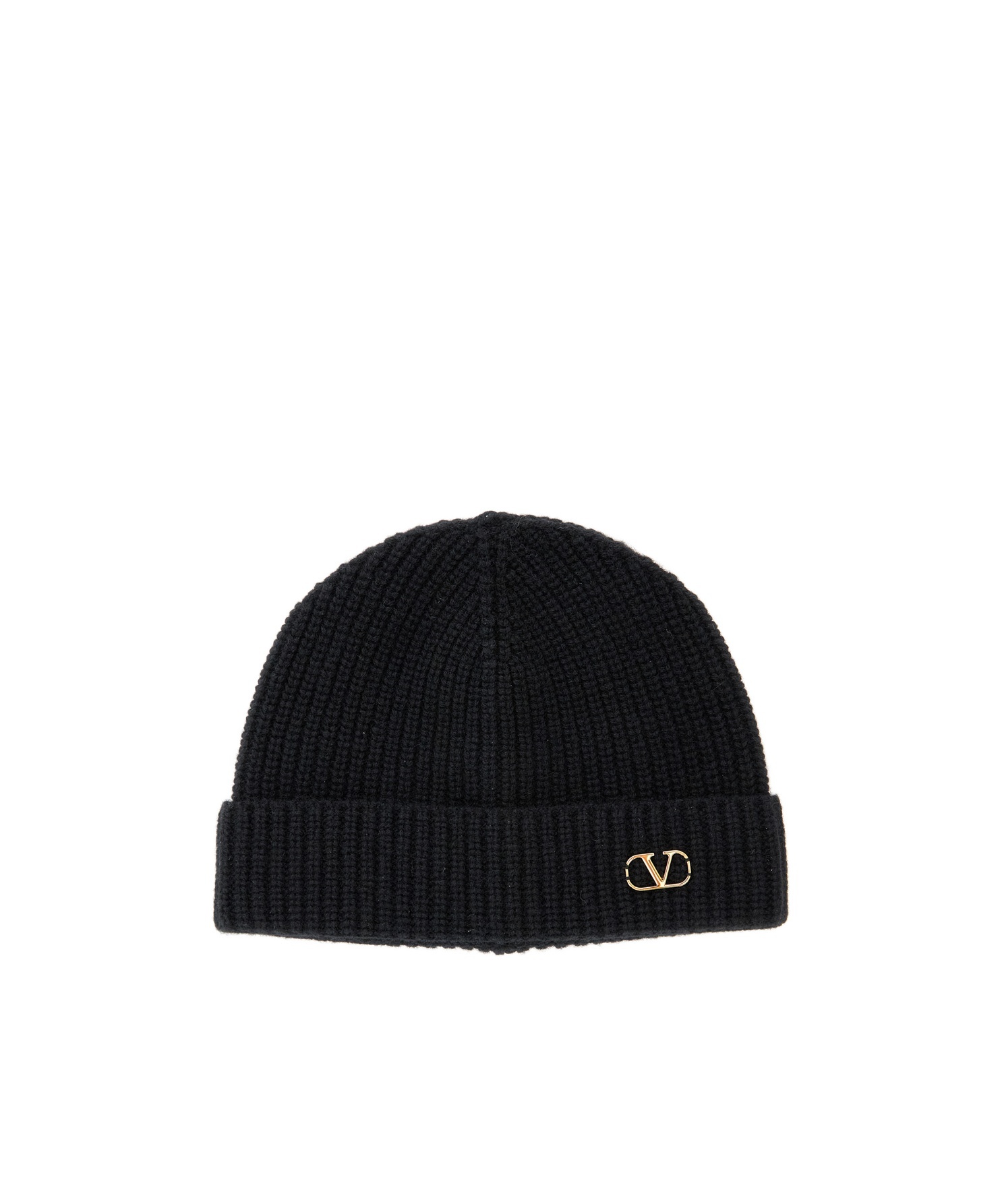Valentino Garavani Cashmere Ribbed Texture Beanie With Turn-up Brim In Black
