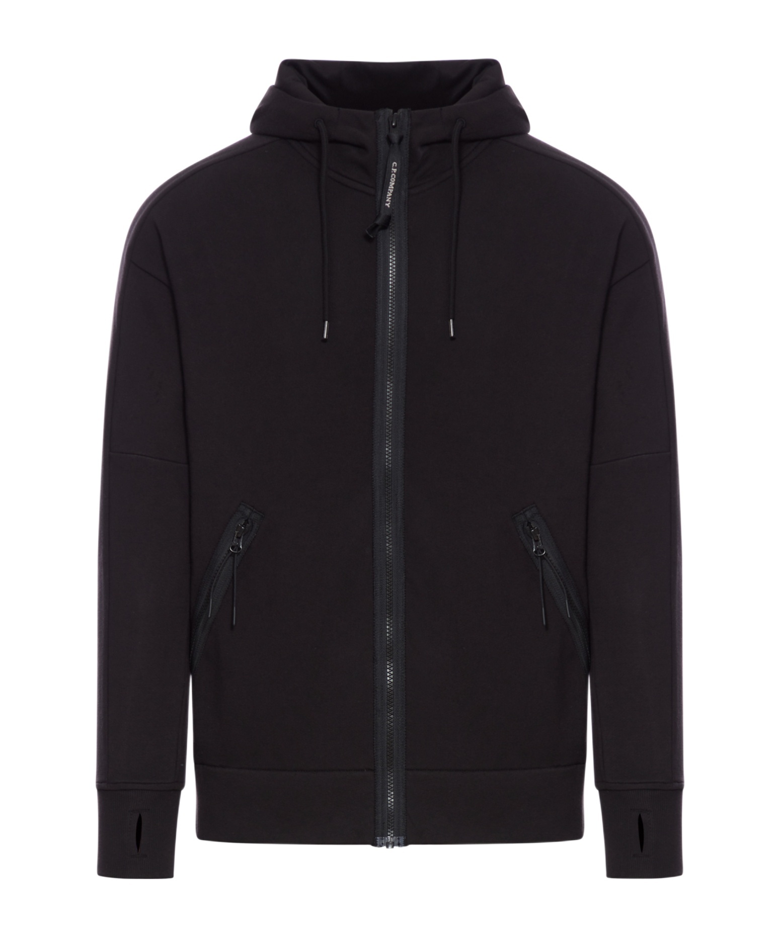 C.p. Company Relaxed Fit Black Zip-up Sweatshirt With Hood And Zippered Pockets In Black
