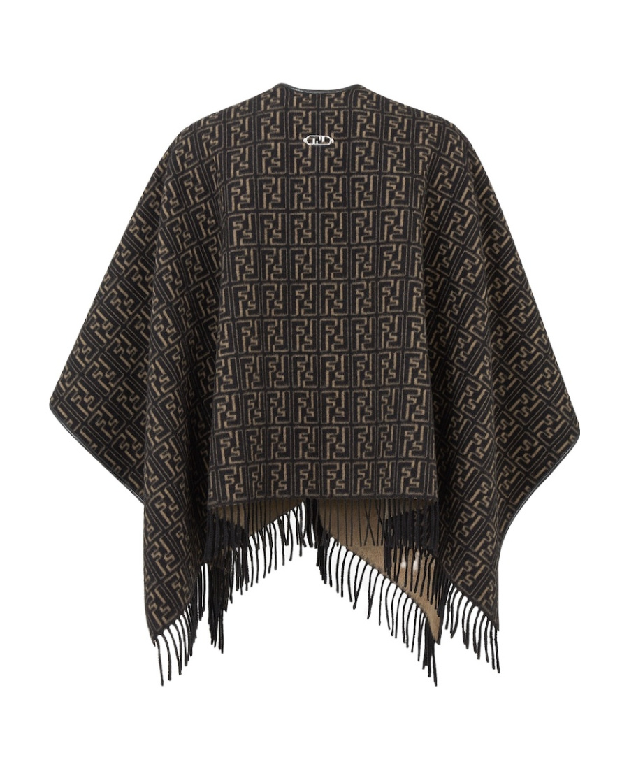 Fendi Ff-motif Fringed Poncho In Black