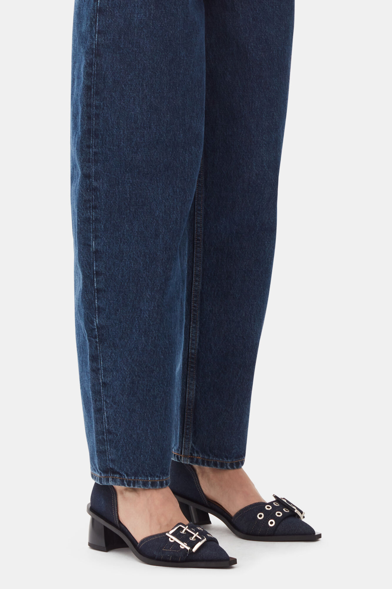 Ganni Denim Feminine Buckle Open Cut Pumps