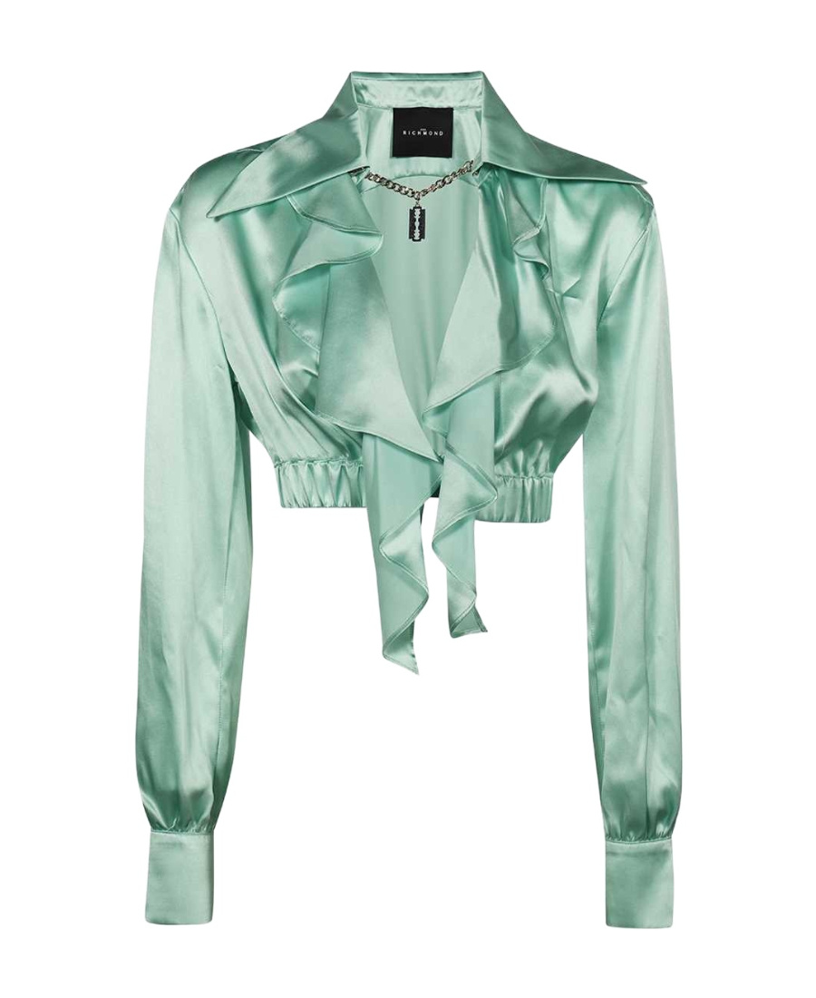 John Richmond Ruffled Silk Cropped Shirt In Green