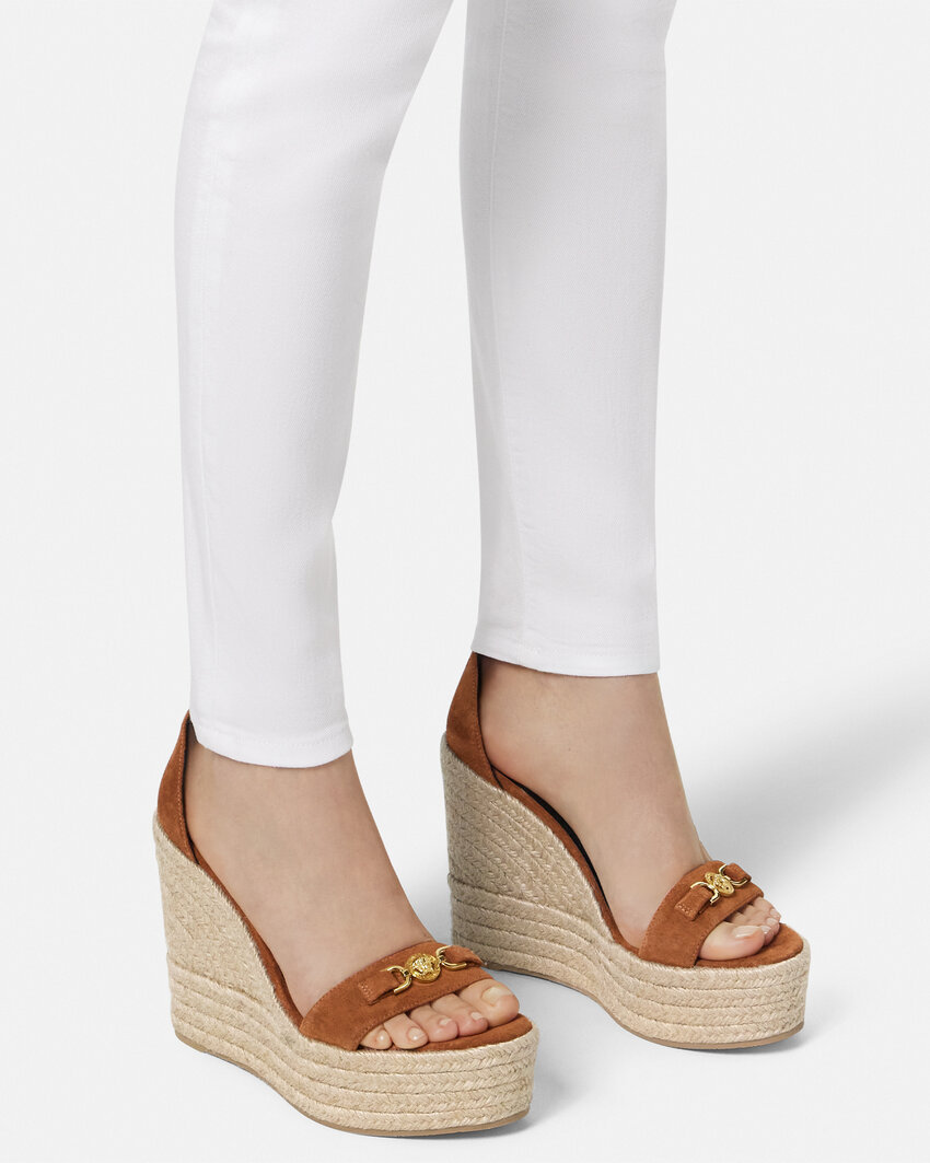 Versace Embellished Suede Espadrille Wedge Sandals In Brown