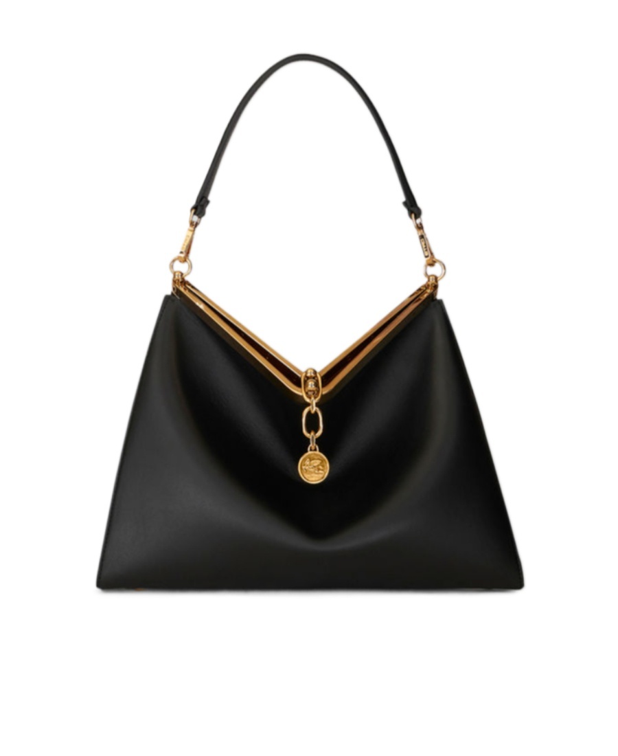 Etro 'small Vela' Black Shoulder Bag With Logo And Pegasus Charm In Black