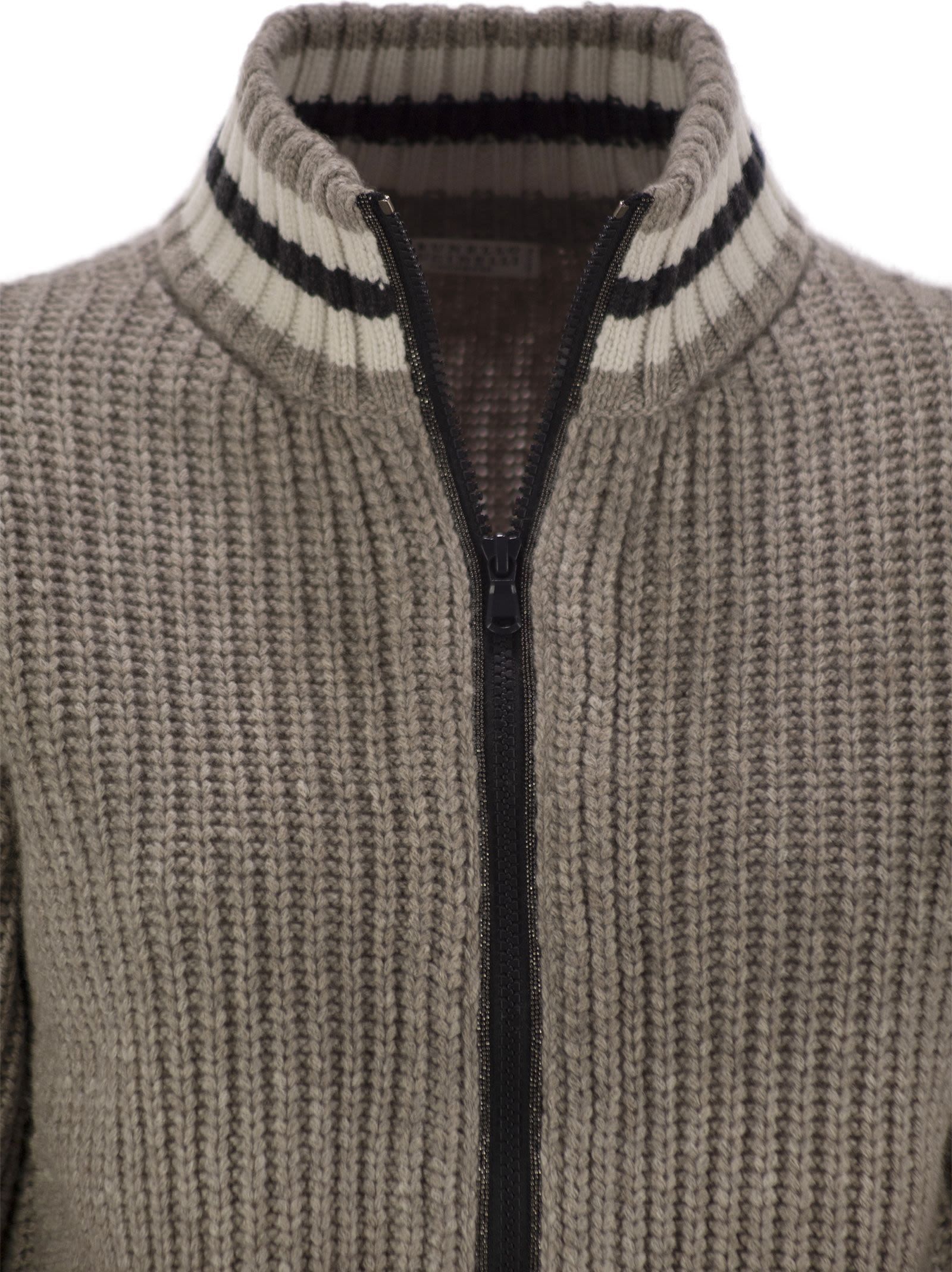 Brunello Cucinelli Cashmere Feather Yarn English Rib Knit Cardigan With Shiny Trims In Green