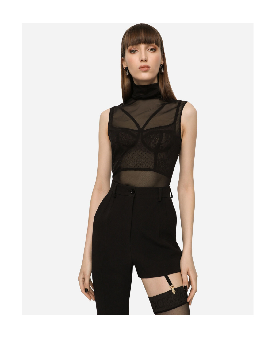 Dolce & Gabbana Sheer Sleeveless High Neck Fitted Top In Black