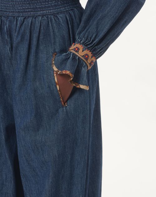 Valentino Tasseled Embroidered Chambray Tapered Pants In Blue
