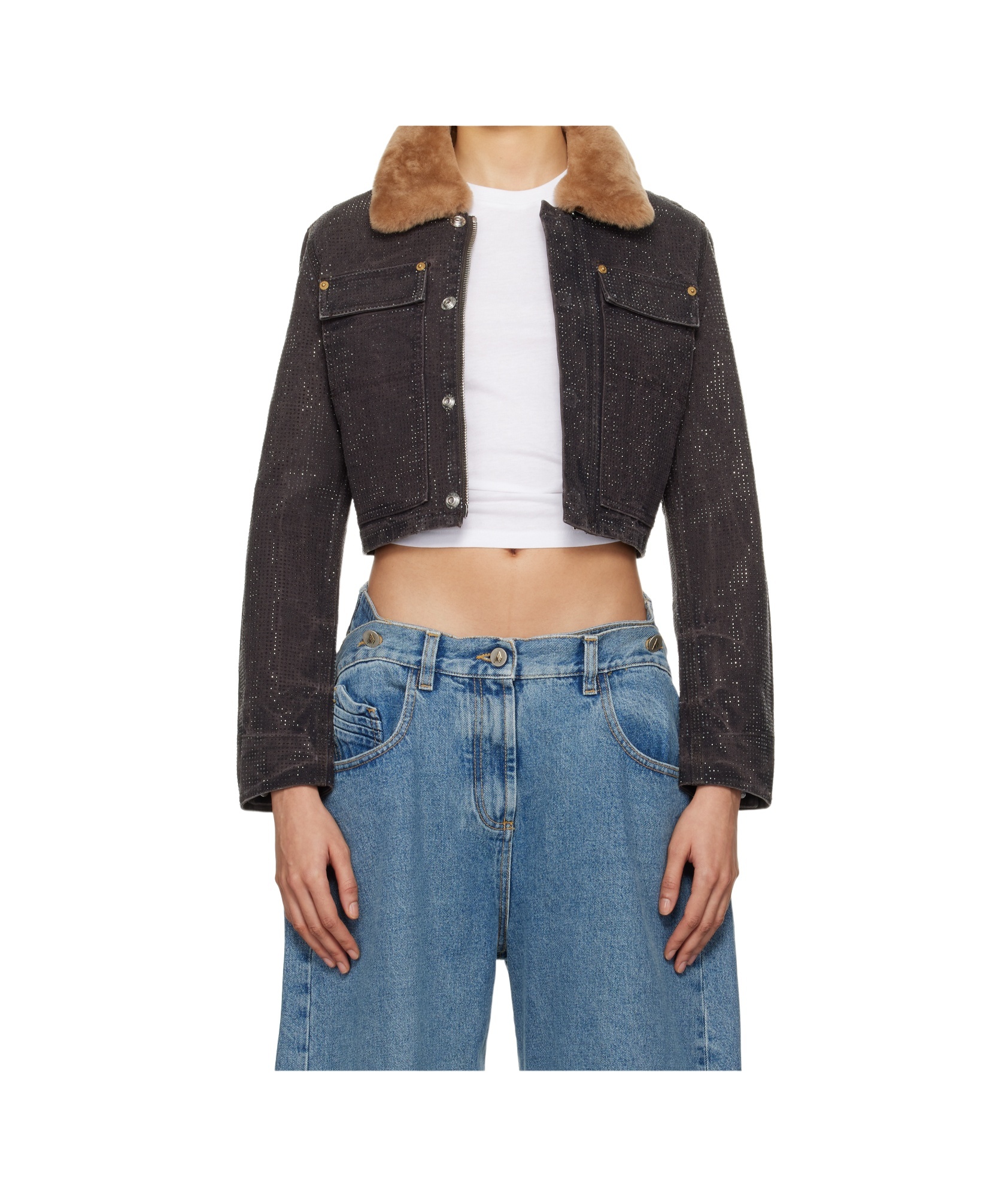 Alexander Wang Hotfix Crystal Shrunken Trucker Jacket In Multicolor