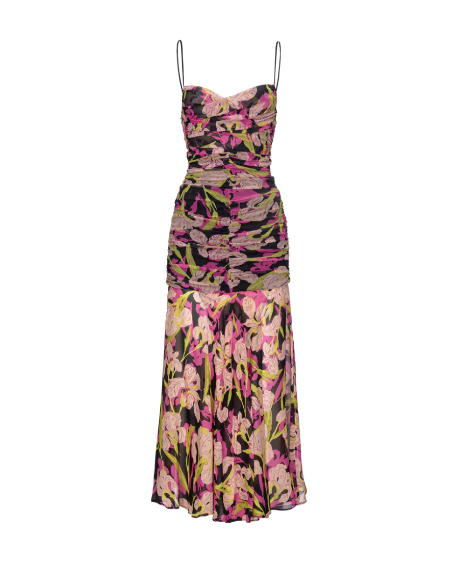 Pinko Abbronzato Sleeveless Floral Georgette Calf-length Dress In Pink