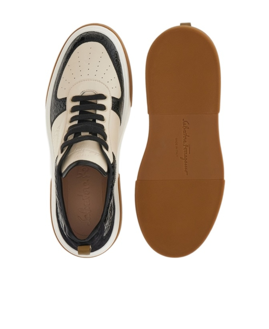 Ferragamo Cassina Smooth And Croc-effect Leather Sneakers In Black