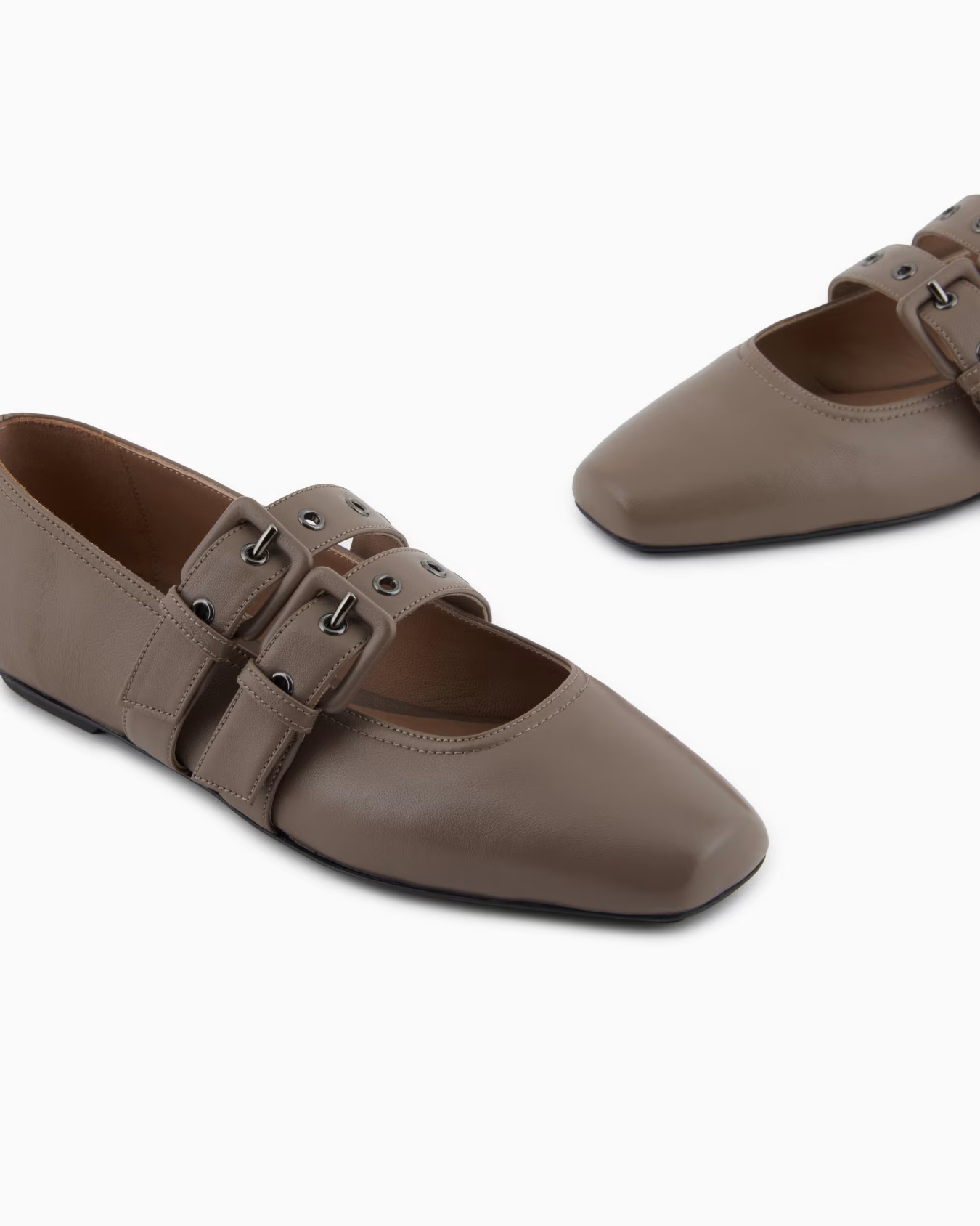 Emporio Armani Nappa-leather Square-toed Ballerinas With Double Strap In Brown