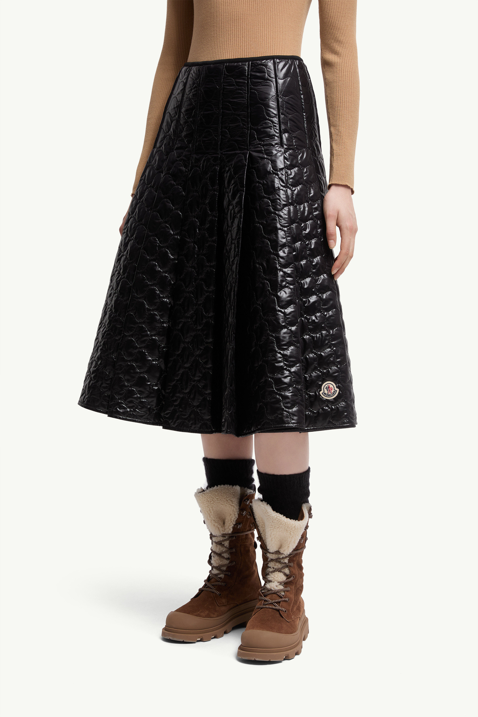 Moncler Gonna Quilted Pleated Shell Midi Skirt In Black
