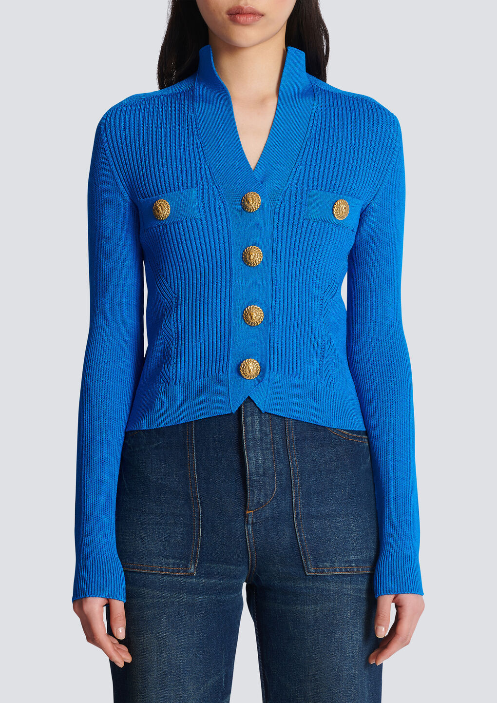 Balmain Embossed-button Ribbed Cardigan In Blue