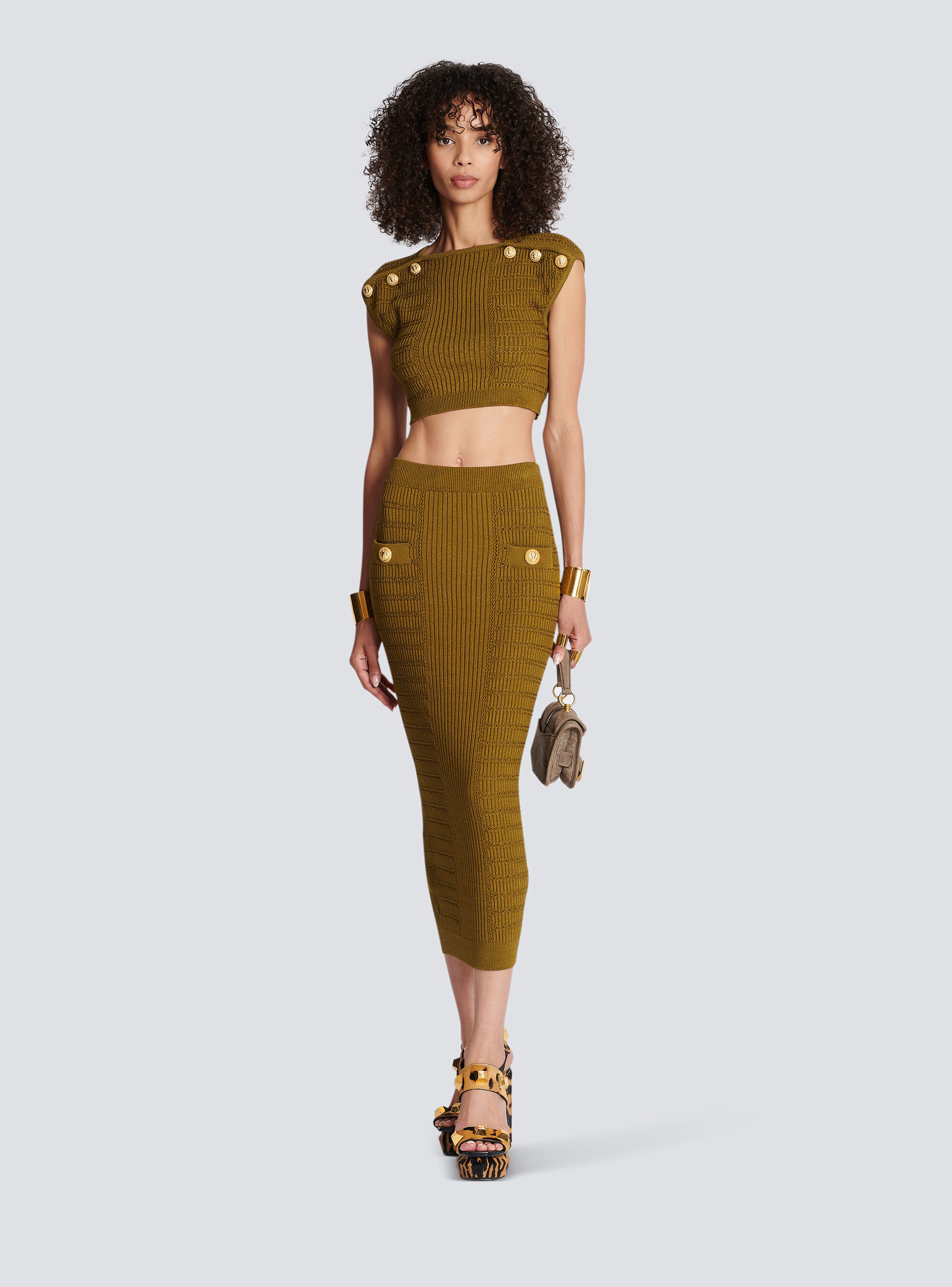 Balmain Knitted Button-detail Cropped Top In Green