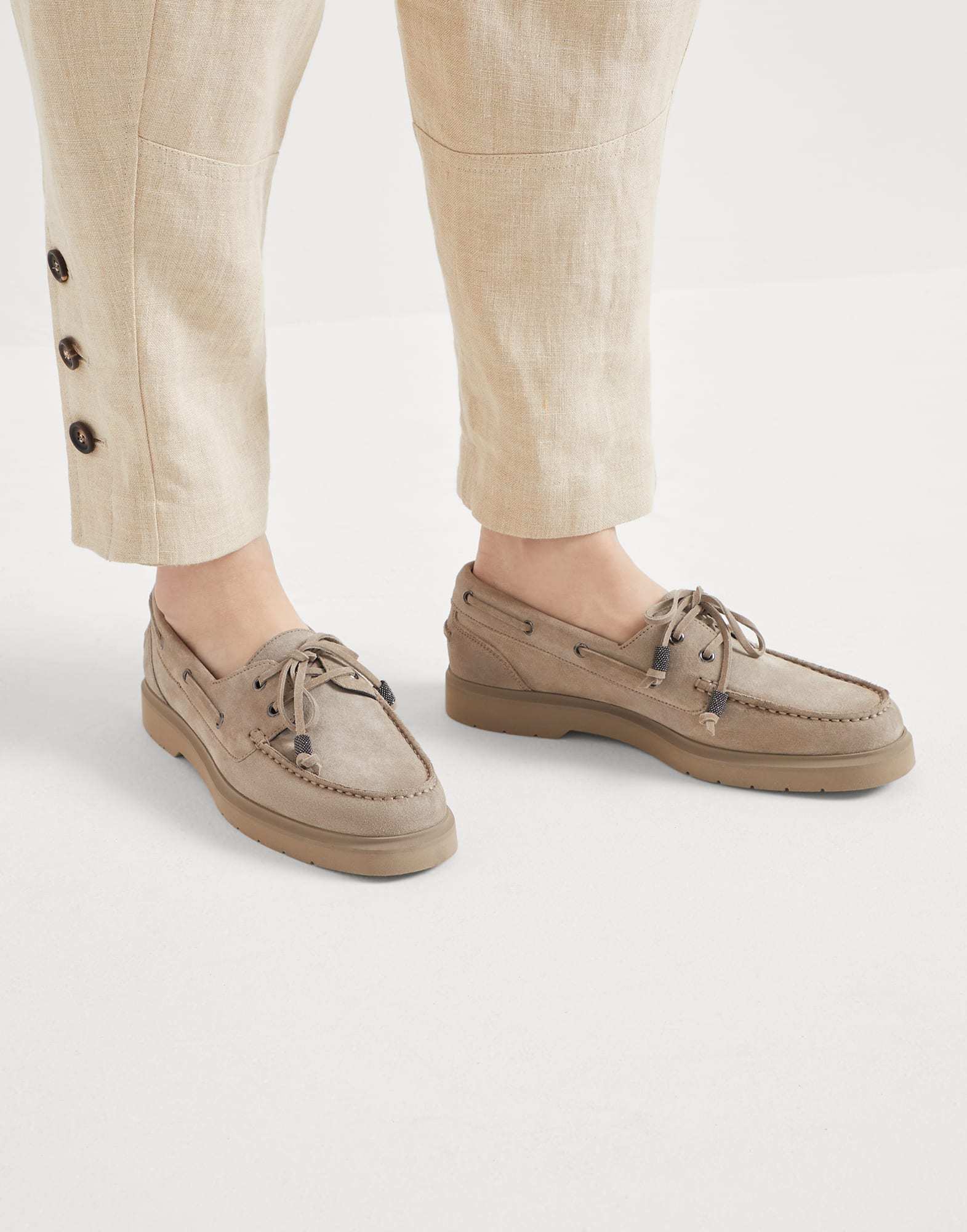 Brunello Cucinelli Taupe Grey Boat Moccasins With Monili Chain In Neutral