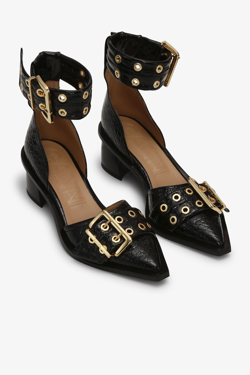 Ganni Embossed Buckle Open Cut Pumps In Black