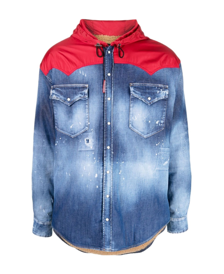 Dsquared2 Distressed Denim Jacket With Shearling In Blue
