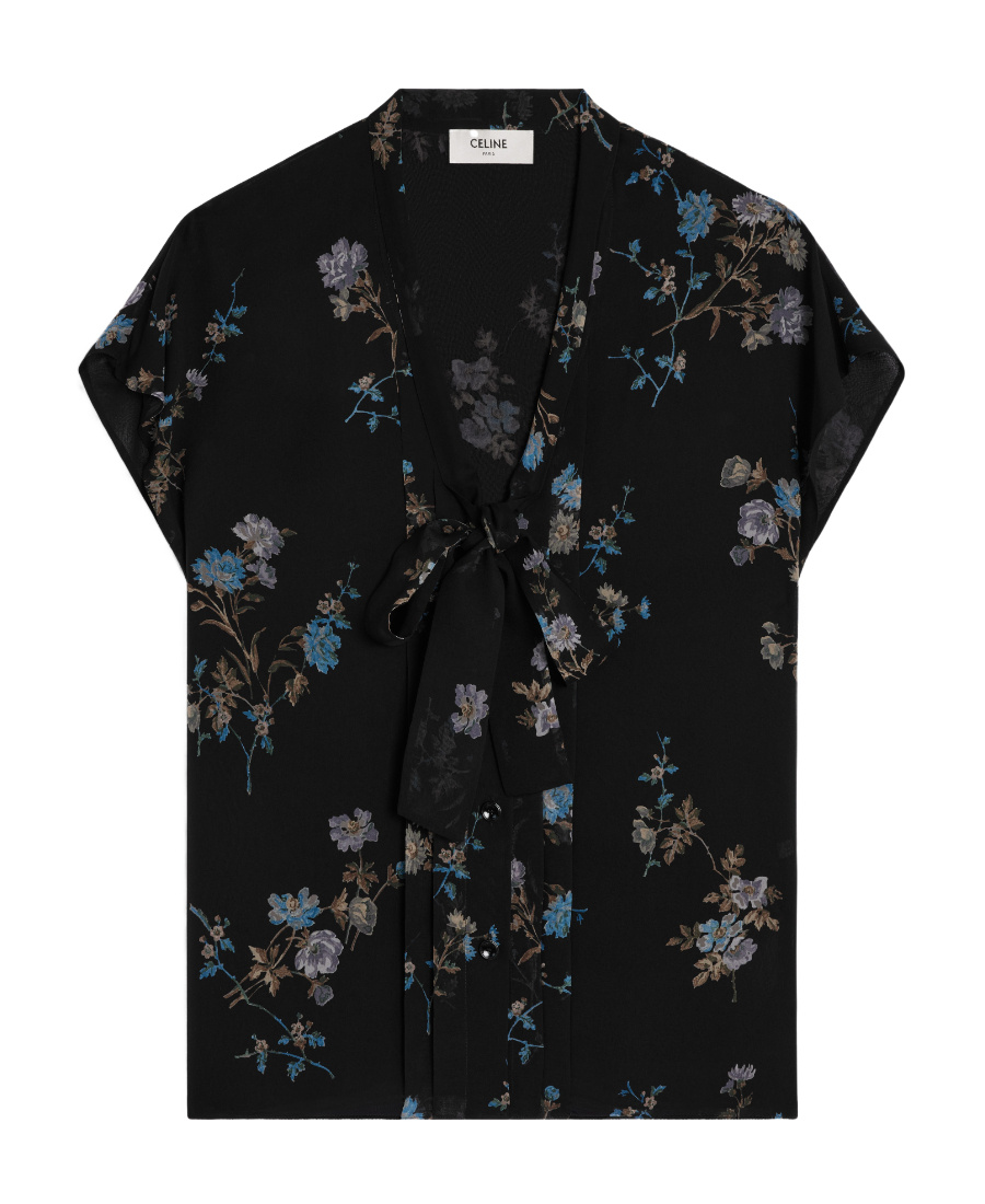 Celine Floral Printed Low-cut Bow Tie Blouse In Black