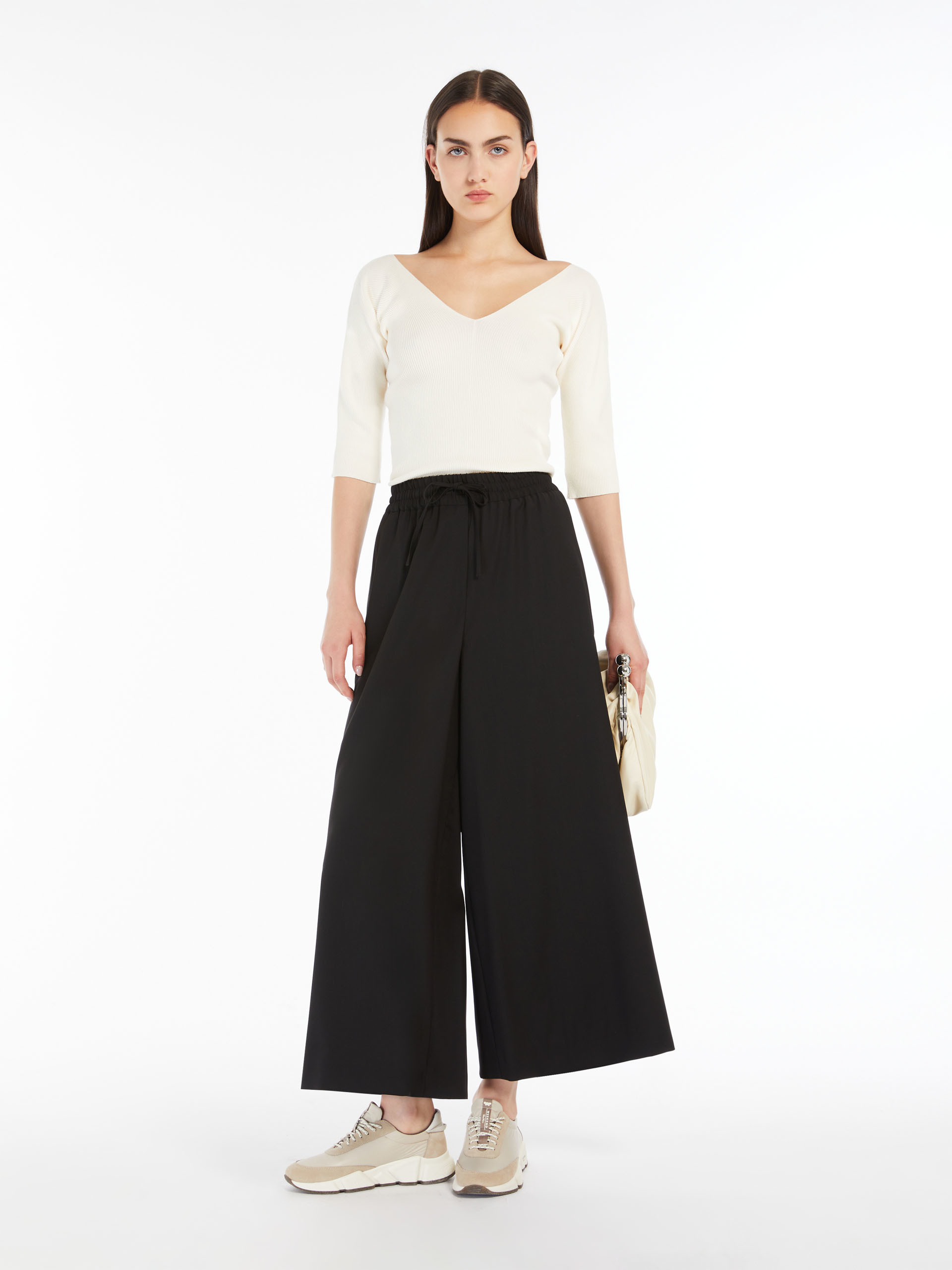 Weekend Max Mara Wool Canvas Wide-leg Pants In Black