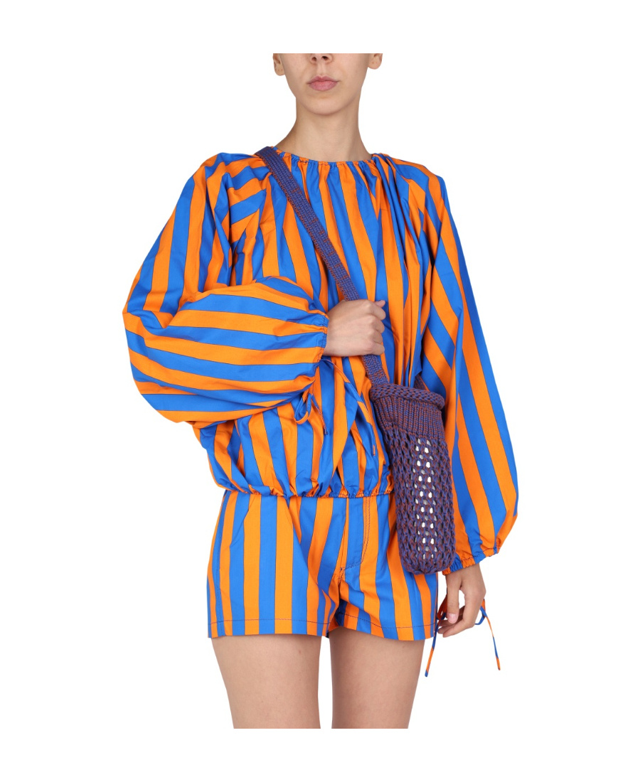 Shop Sunnei Striped Printed Puff-sleeved Blouse In Blue