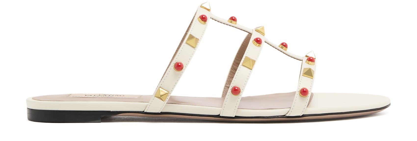 Valentino Rockstud Caged Leather Flat Sandals In White