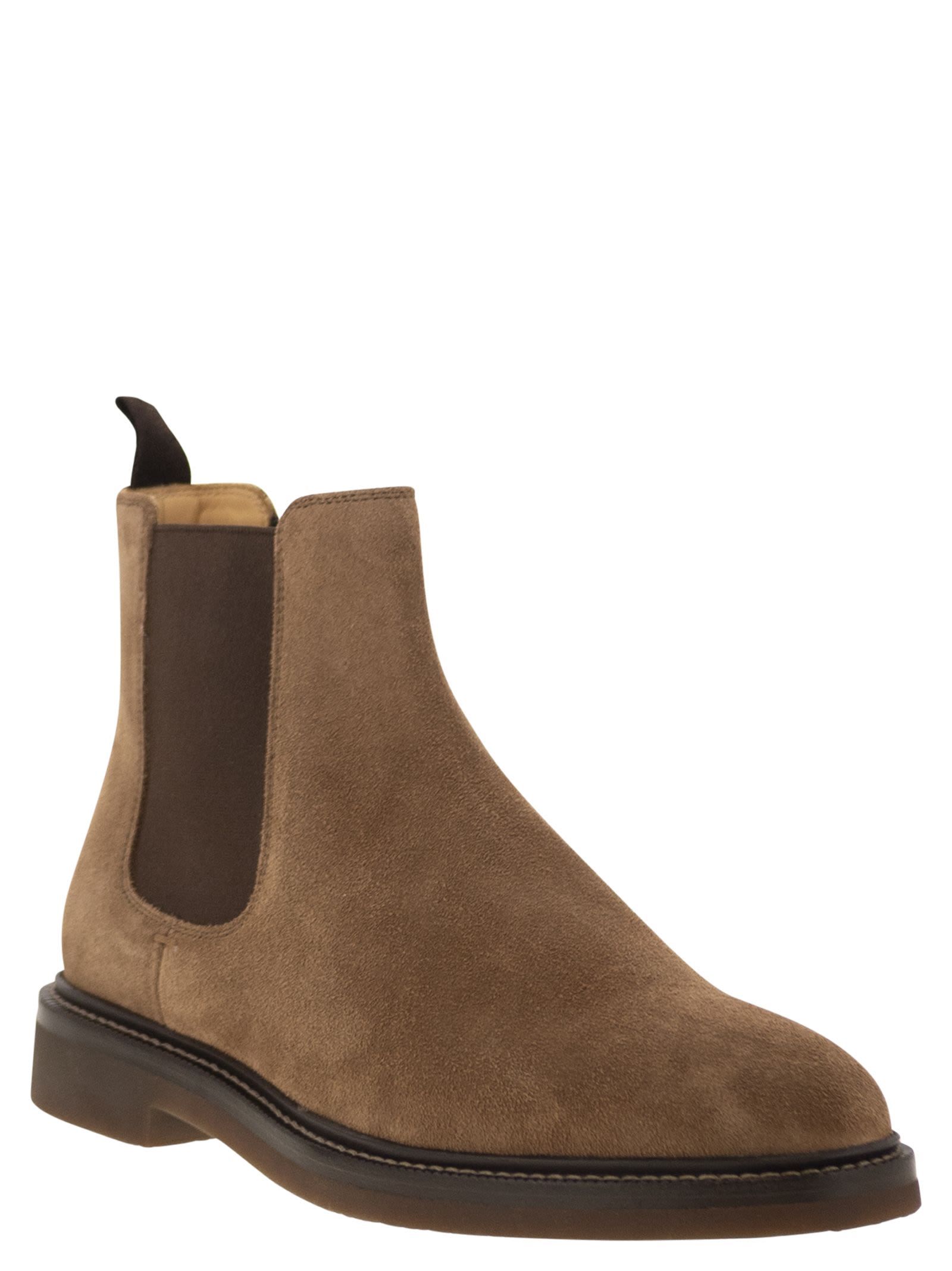 Brunello Cucinelli Mens Dark Brown Chunky-sole Pull-tab Suede Chelsea Boots In Brown