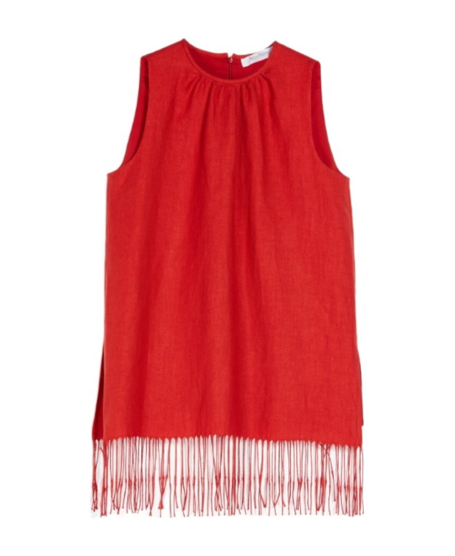 Max Mara Fringed Ruched Linen Blouse In Red