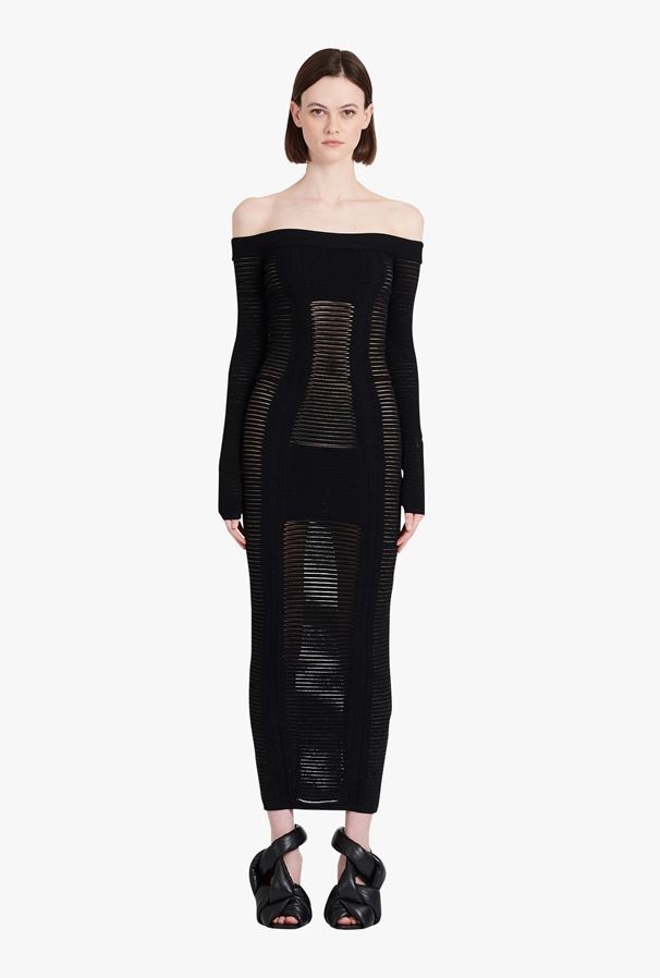 Balmain Black Viscose Midi Dress In Black