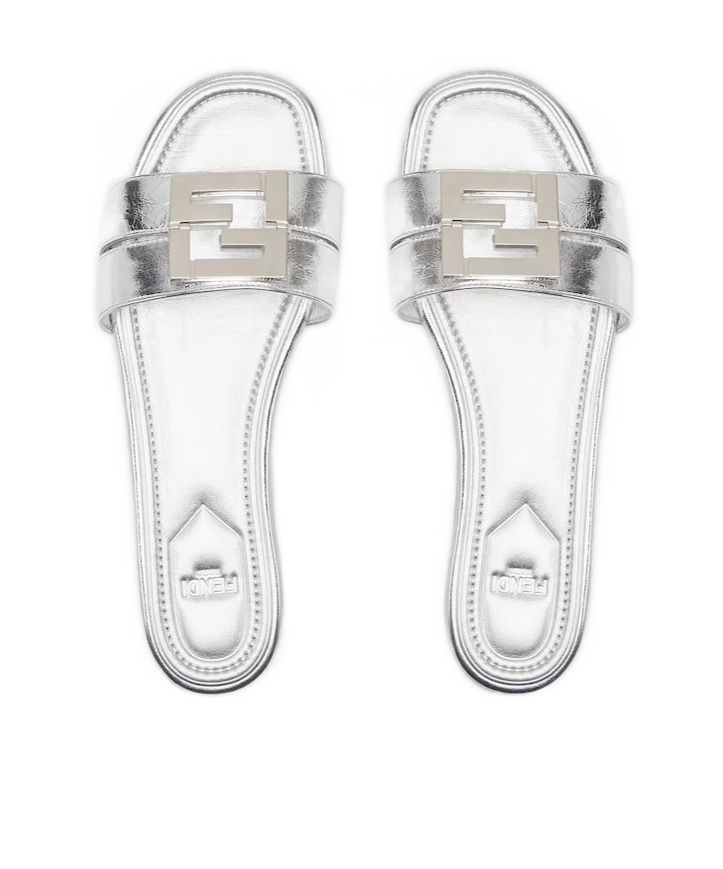 Fendi Ffold Metallic Leather Sandals In White