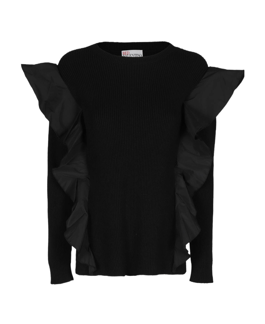 Red Valentino Long-sleeved Round-neck Sweater In Black