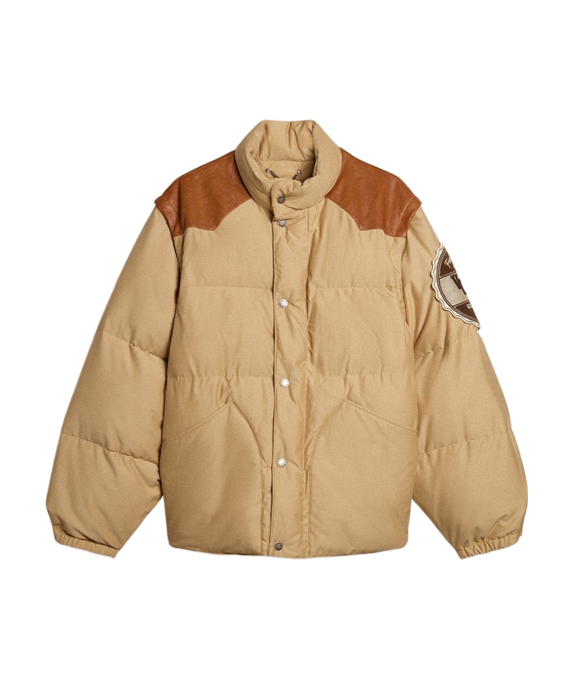 Golden Goose Beige Bomber Jacket With Leather And Patch Details In Brown
