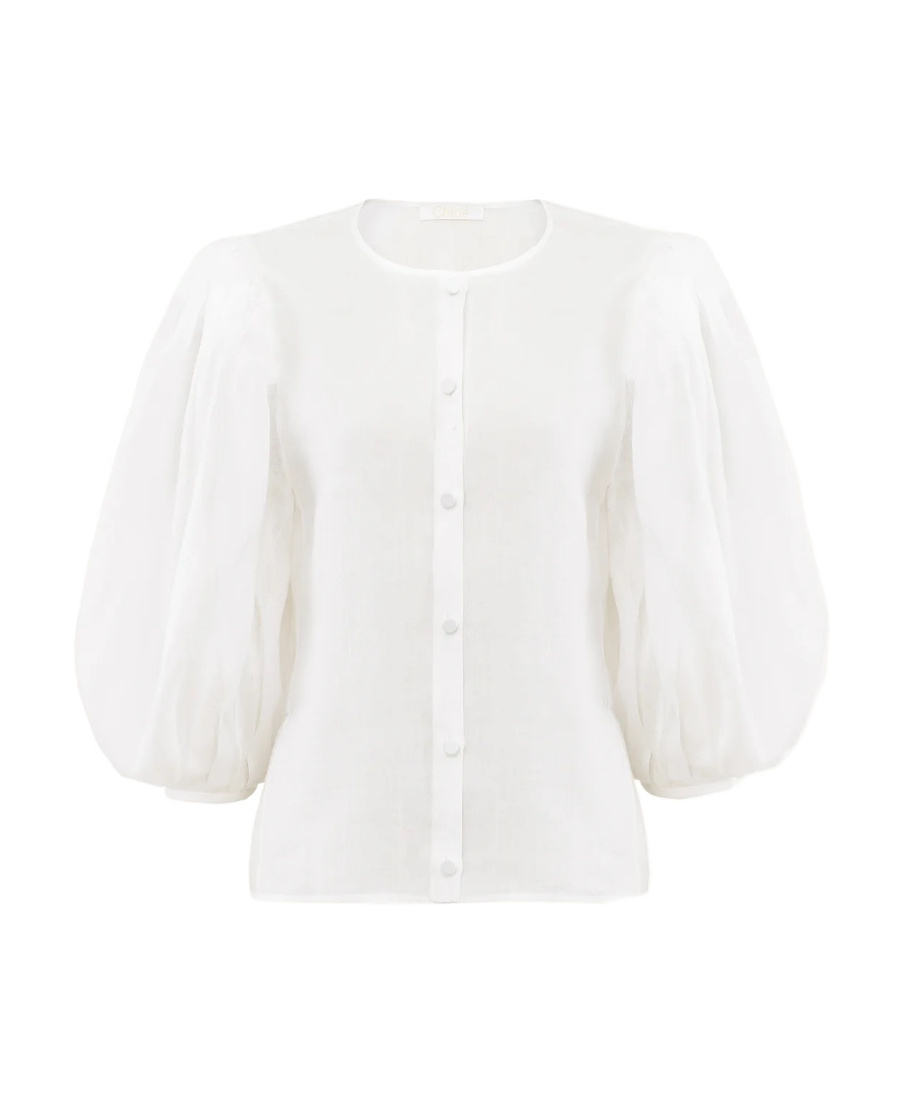 Chloé Puff-sleeved Buttoned Blouse In White