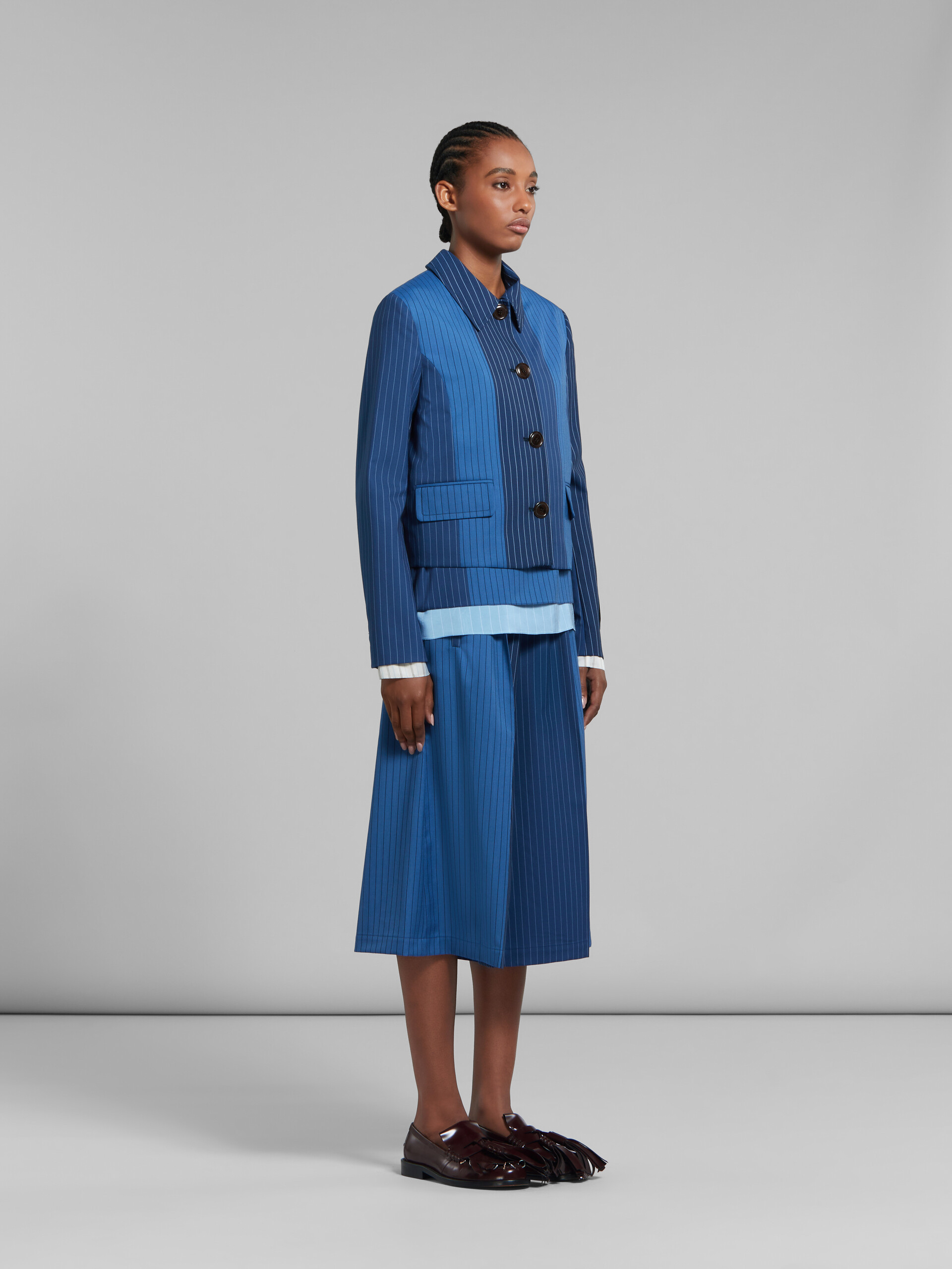 Marni Cropped Contrast Pinstripe Shirt Jacket In Blue