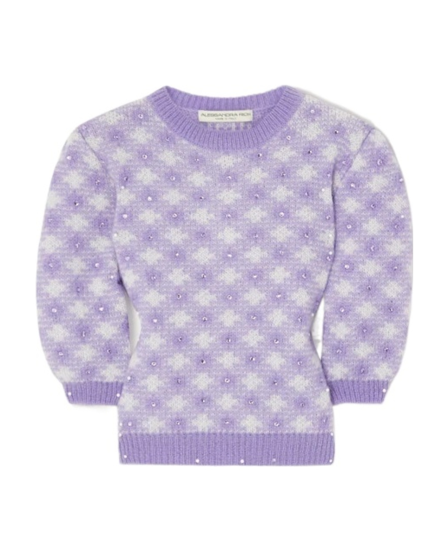 Alessandra Rich Check-pattern Rhinestone-embellished Knitted Top In Purple