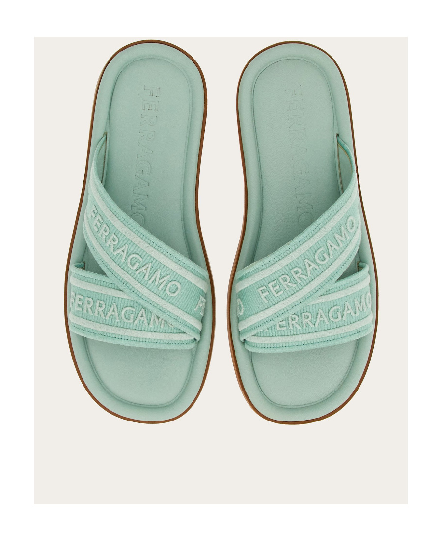 Ferragamo Laurene Logo Cotton Flat Sandals In Green