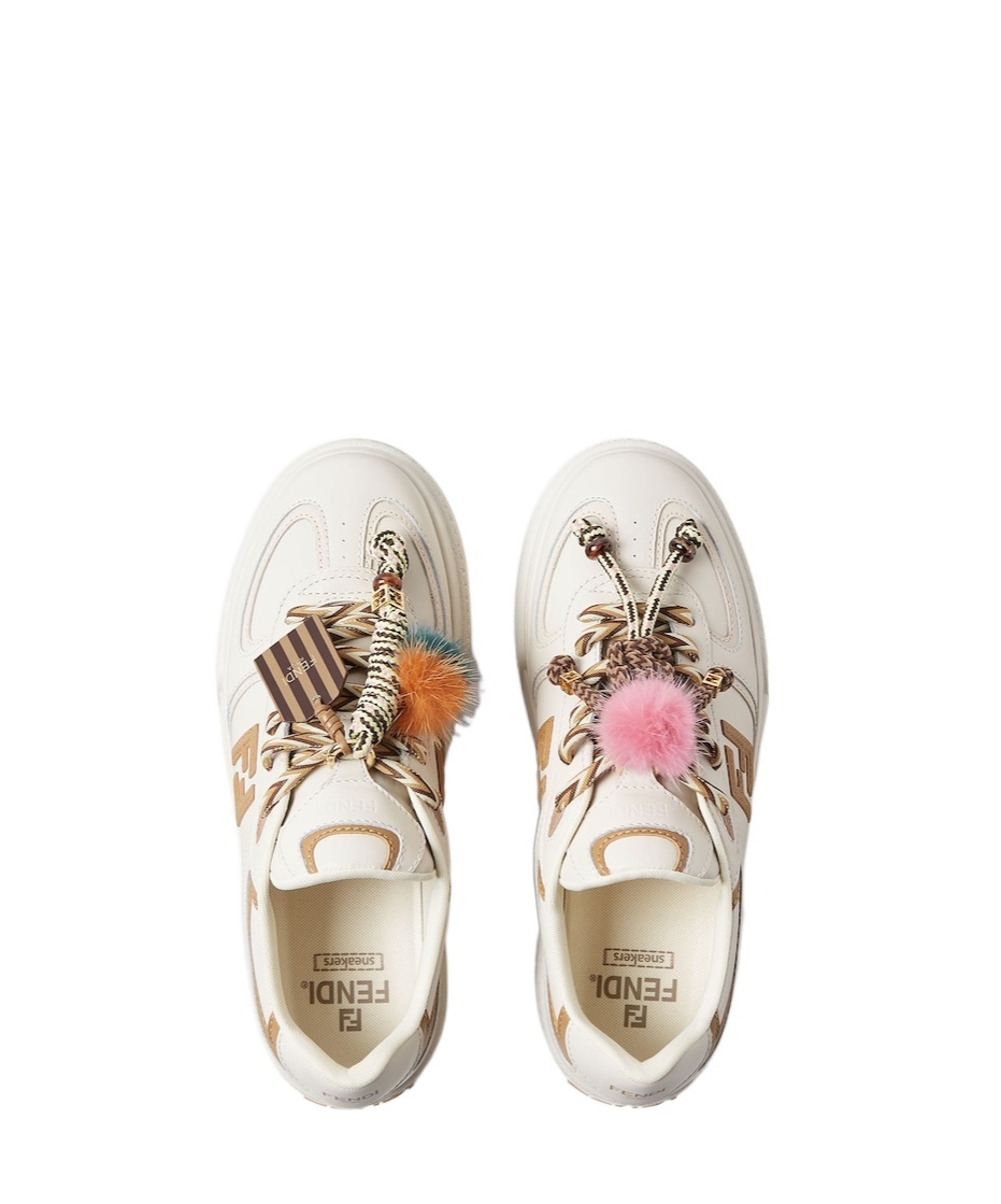 Fendi Low Top Platform Shoes In White Leather With Charm In Neutral