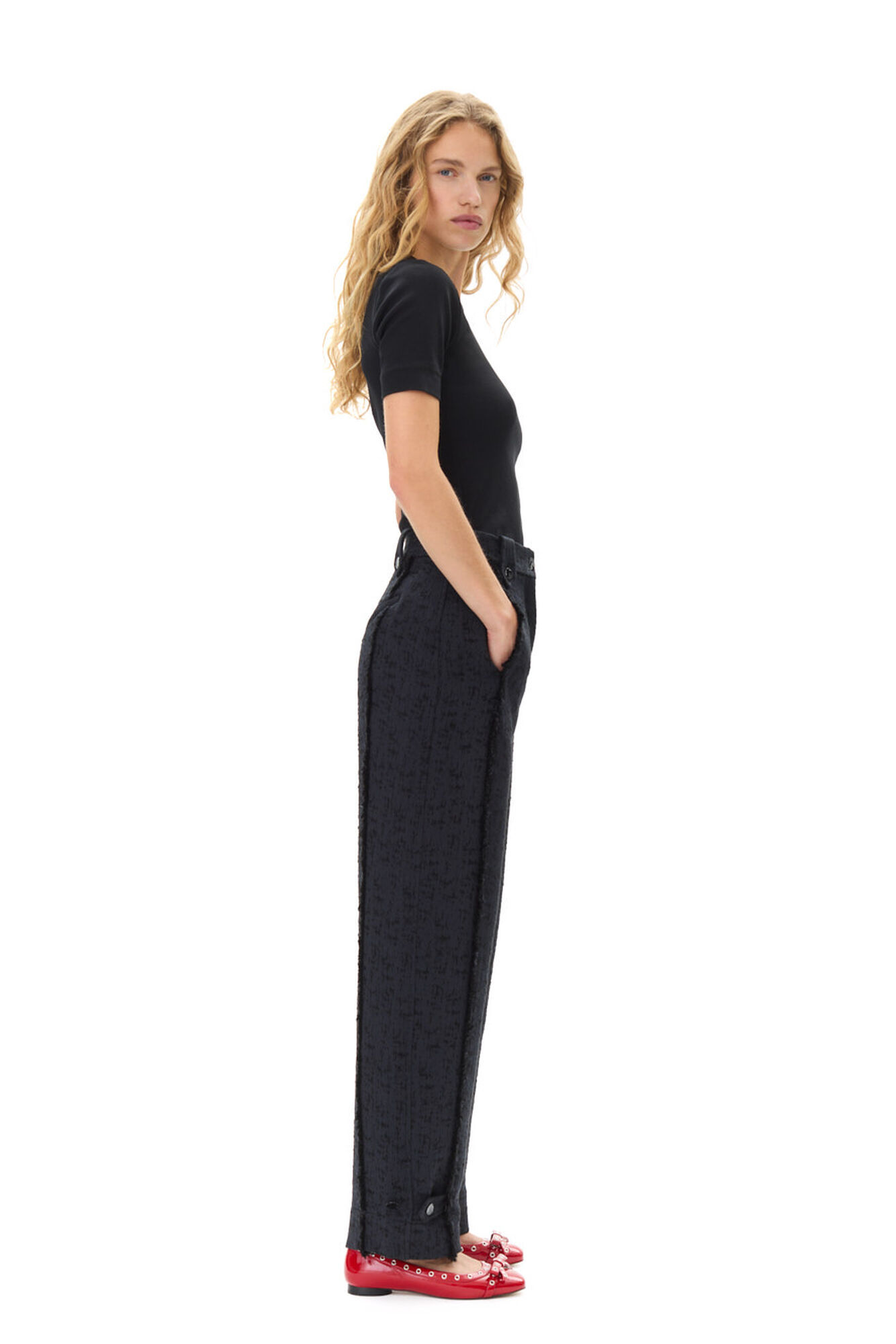 Ganni Tweed High-waist Tailored Pants In Black