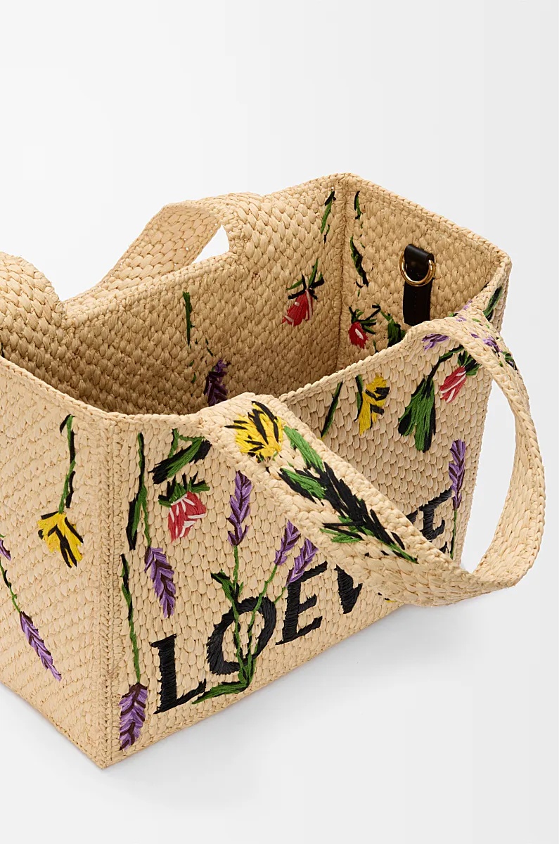 Loewe Font Flowers Small Raffia Tote Bag In Nude